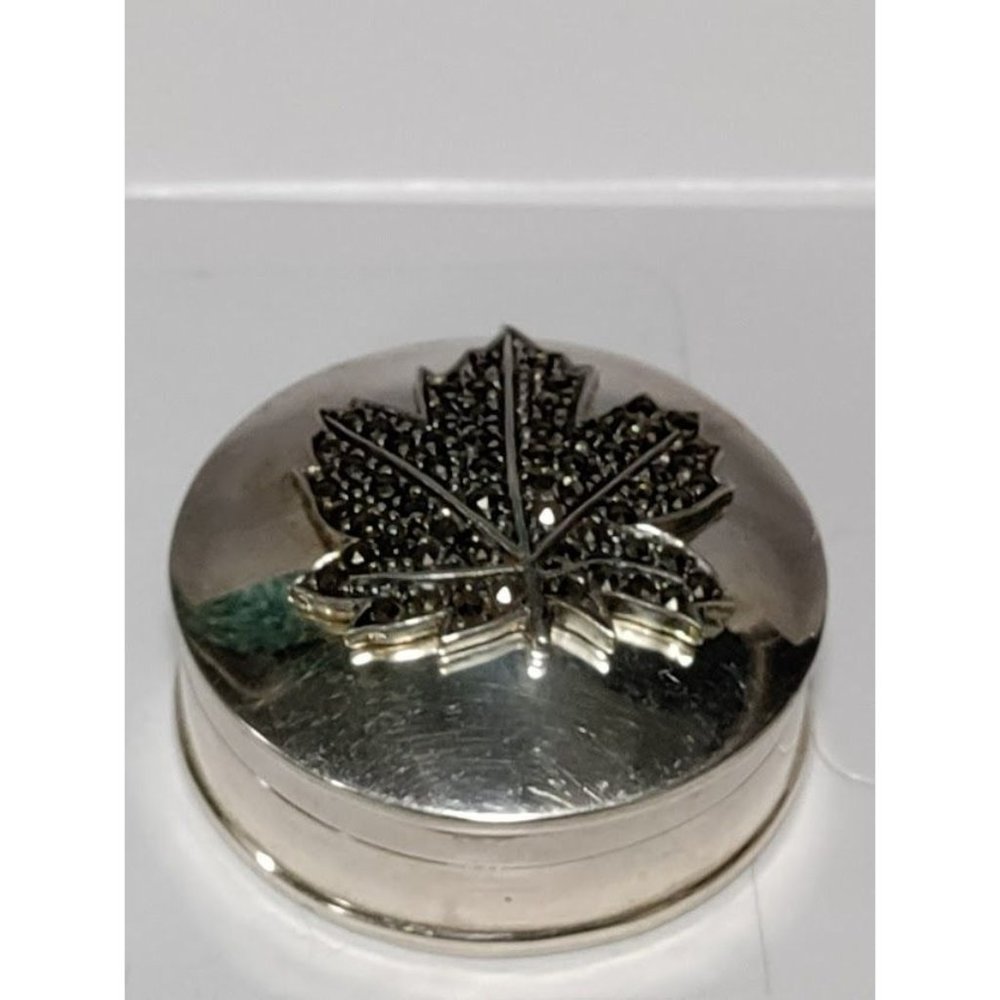 Vintage Sterling Silver Maple Marcasite Embossed Design Pewter Trinket Box Round - Picture 2 of 10